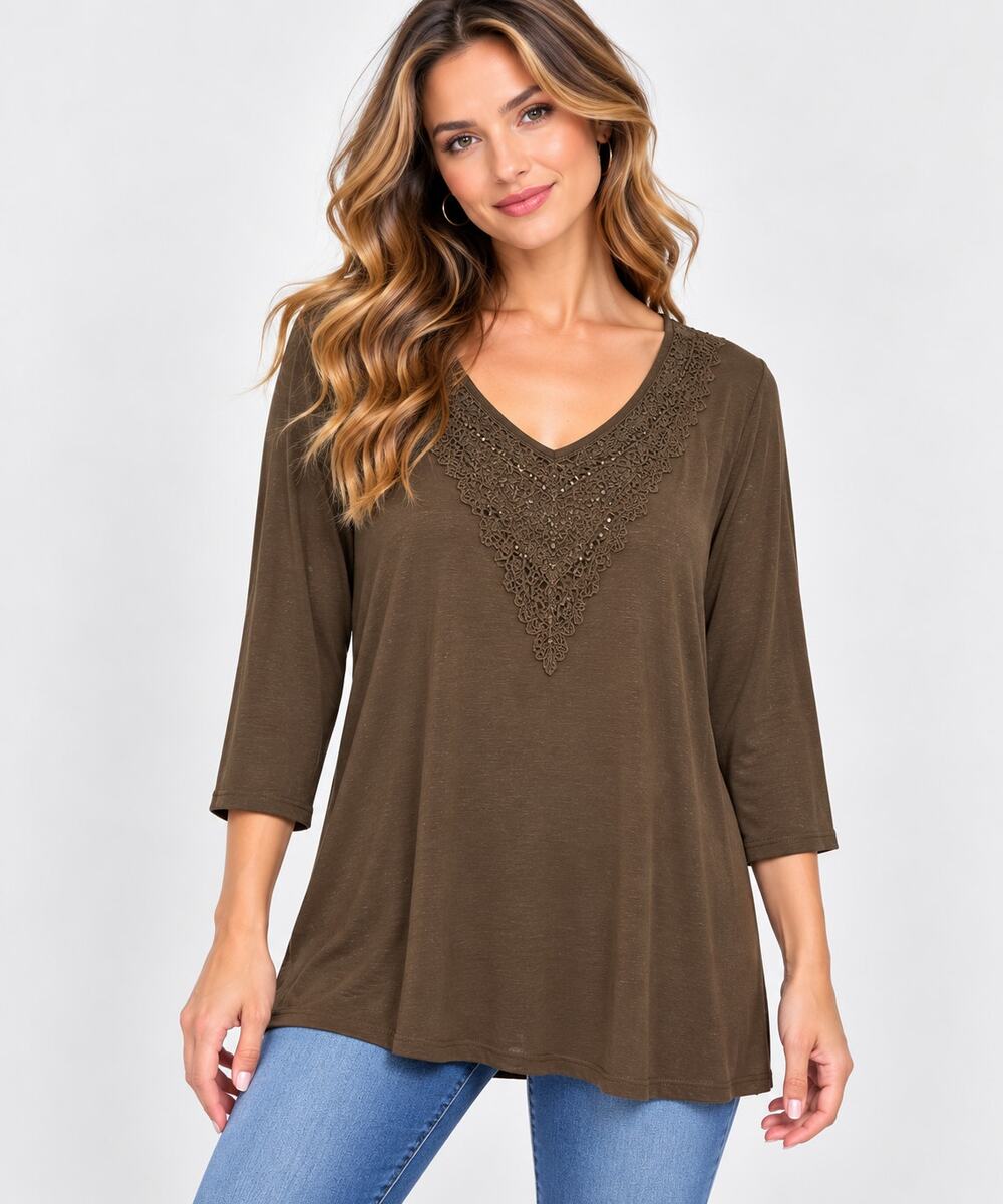 Susan Graver Liquid Knit Blouse Women's Size 3X Brown Embellished Office Casual